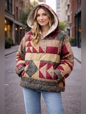 Handmade 🪡 Upcycled Quilt Hoodie Pullover Sweatshirt